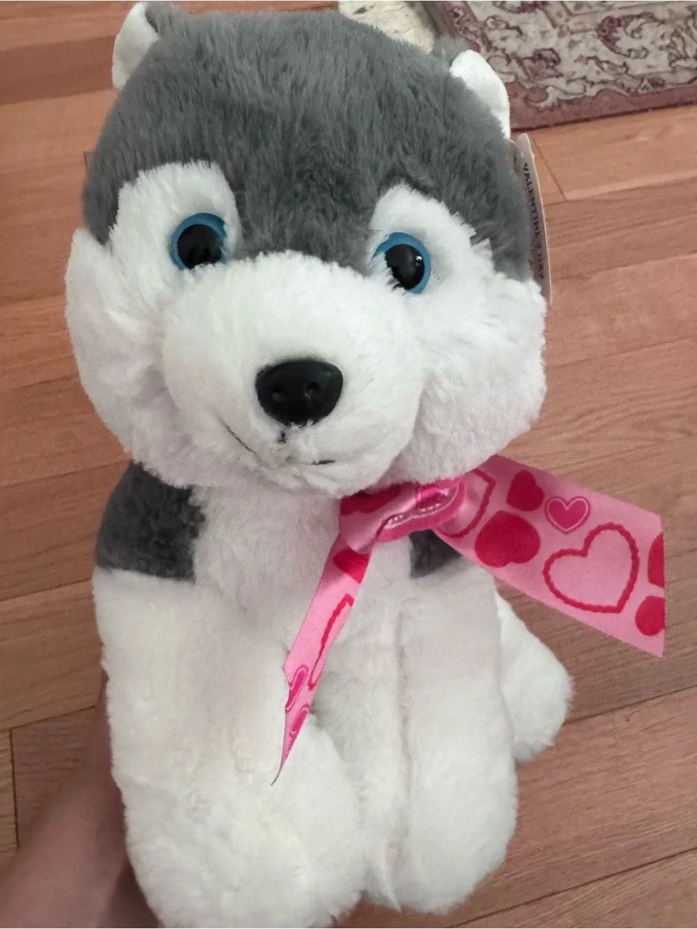 Plush Husky Dog Toy - Gray & White with Pink Heart Ribbon